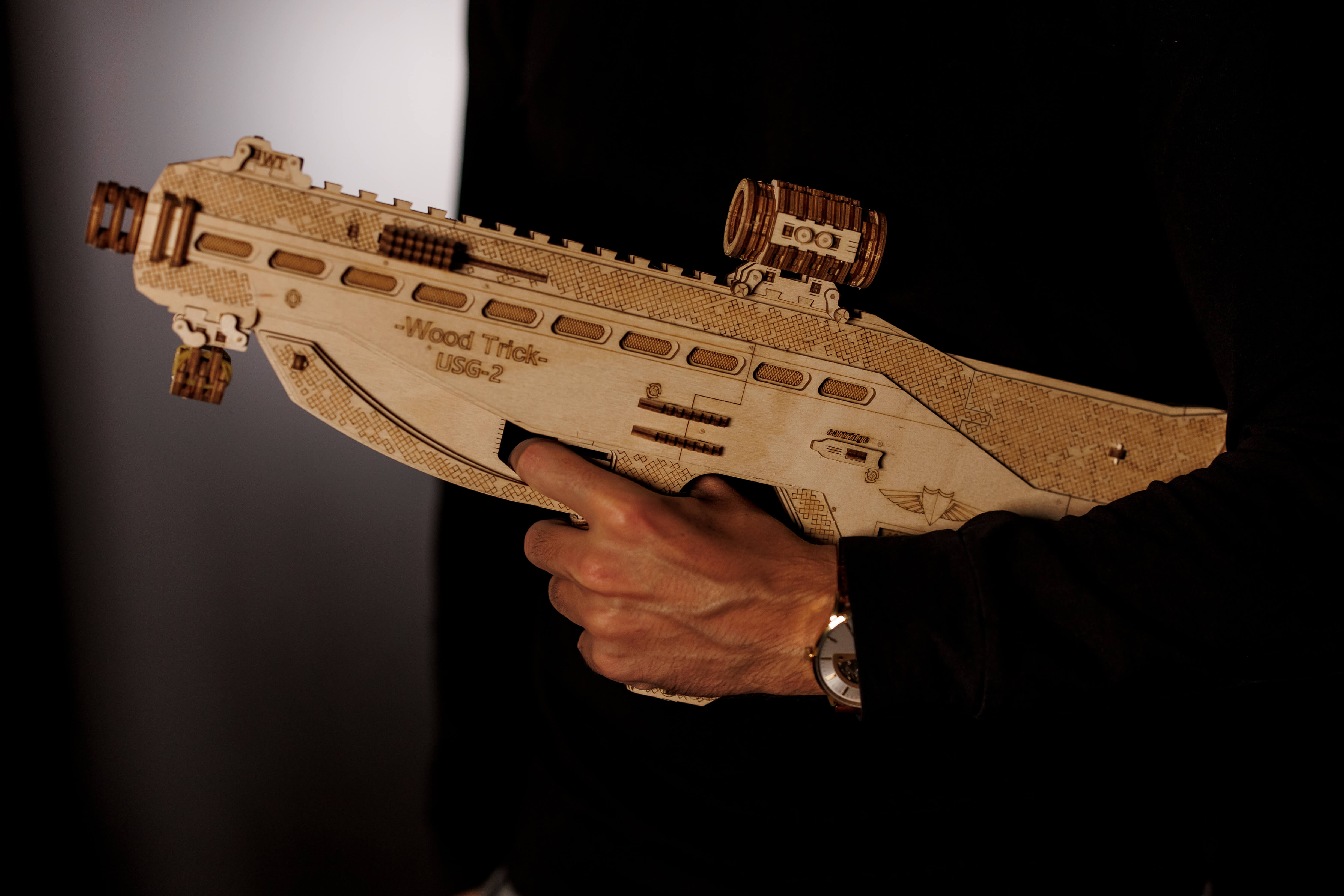 Functional Gun Model Tactical Rifle USG-2 - 3D wooden mechanical model kit by WoodTrick.